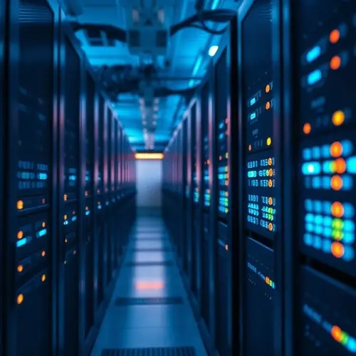 Image showing a detailed view of servers in a data center with blue lighting.