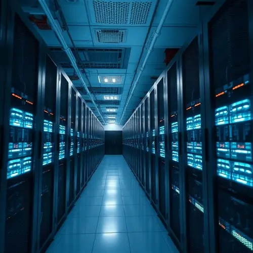 Rows of server racks with blinking lights inside a modern, organized data center facility.