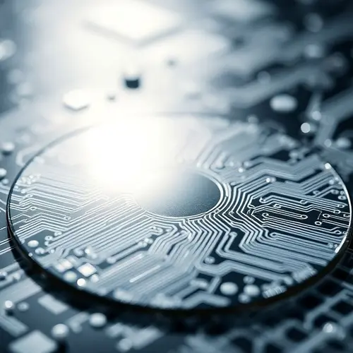 Close-up of a silicon wafer with intricate circuit patterns under studio lighting.
