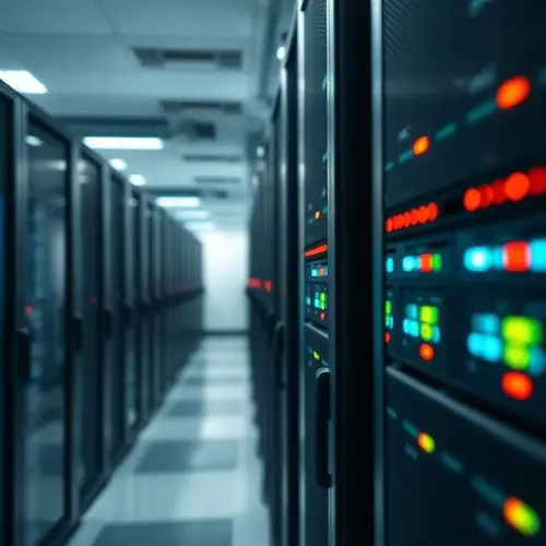 Modern server racks with indicator lights in a data center.