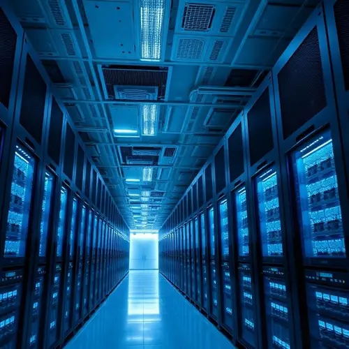 Rows of server racks inside a brightly lit modern data center