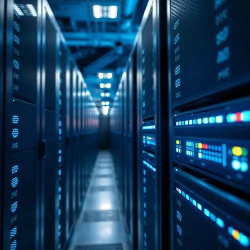 Server racks filled with blinking lights and cables in a large, organized data center.
