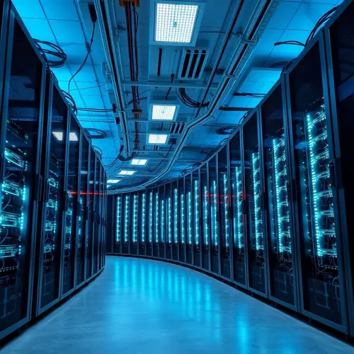 Rows of server racks in a modern data center, illustrating technology infrastructure.