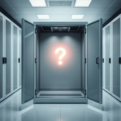 An empty server cabinet with a glowing question mark in a modern data center, representing missing article content.