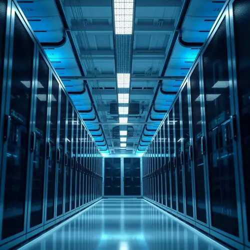 An interior view of a modern data center, showcasing rows of server racks with cool blue lighting.