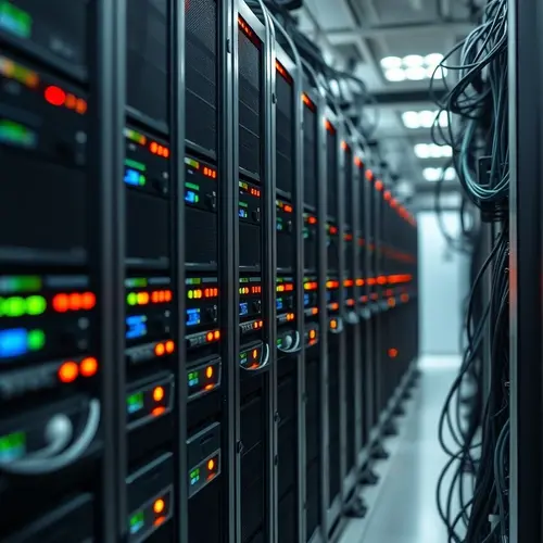Detailed view of server racks with blinking lights and dense cabling in a modern data center.