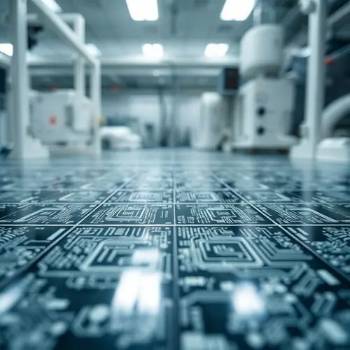 Close-up view of multiple silicon semiconductor wafers with intricate circuit patterns in a cleanroom.