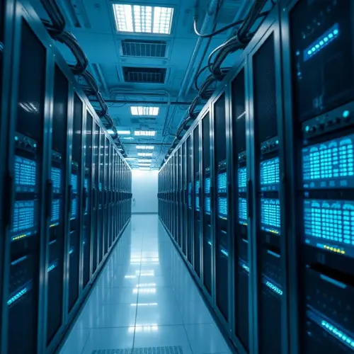 Rows of modern server racks and network equipment in a clean data center aisle.