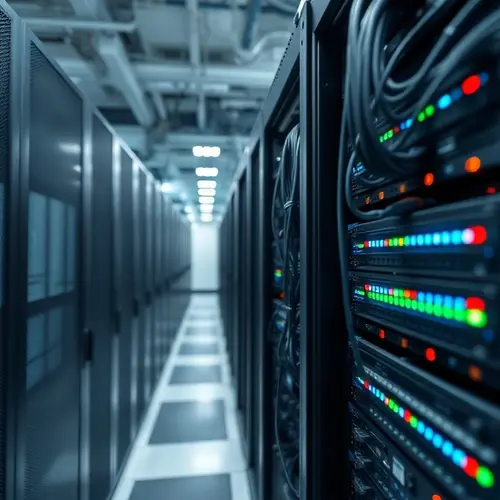 A detailed view of a modern server rack with blinking lights and cables in a data center.
