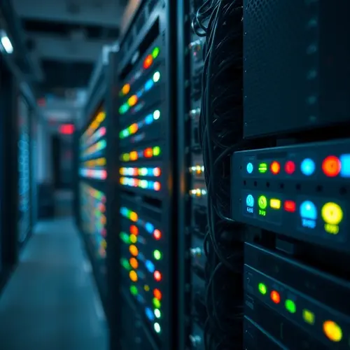 A close-up view of a modern server rack inside a data center, showing blinking indicator lights and organized network cables.