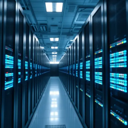 Rows of server racks with indicator lights inside a modern data center, illustrating technological infrastructure.