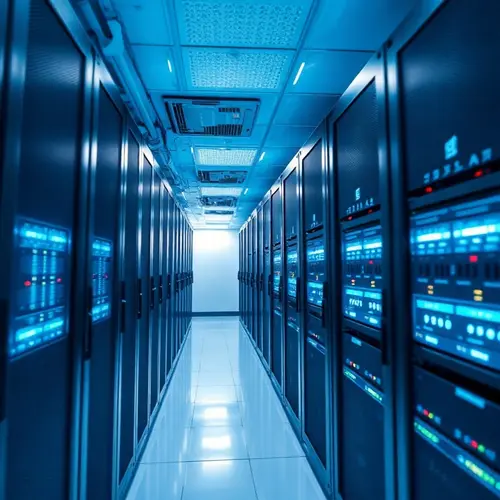 A modern server room with rows of meticulously organized server racks and cool blue lighting.