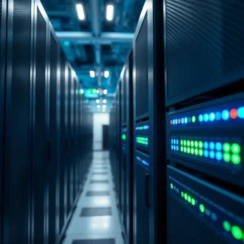 Rows of server racks with blinking lights in a professional data center