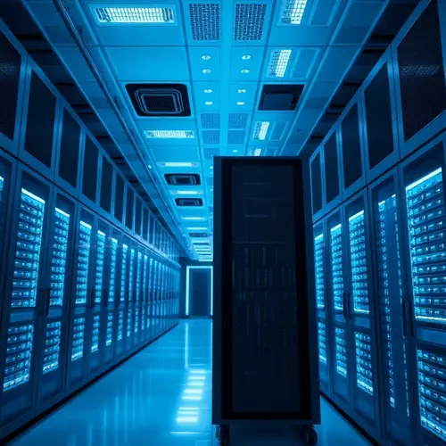 Interior view of a modern data center with many server racks and blue ambient lighting.