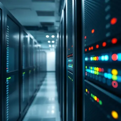 A detailed view of a server rack within a data center, showing multiple servers and network cables.