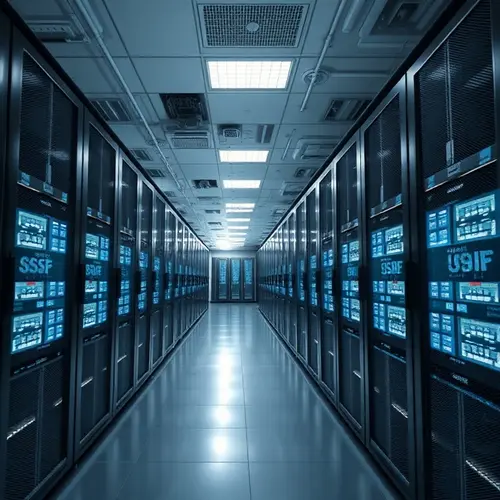 Rows of servers in a large, organized data center facility.