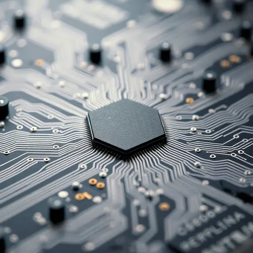Extreme close-up of an integrated circuit on a silicon wafer, revealing intricate microscopic patterns.
