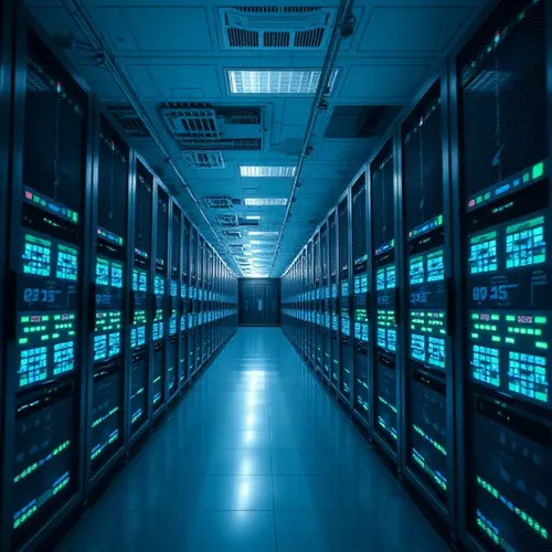 Rows of server racks in a modern data center with indicator lights, depicting critical digital infrastructure.