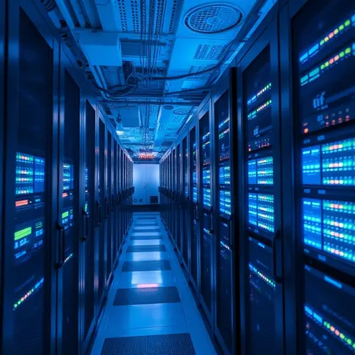 A detailed view of server racks with indicator lights in a modern data center environment.