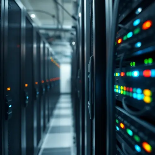 A close-up view of server racks in a data center, showing blinking indicator lights and complex cabling.