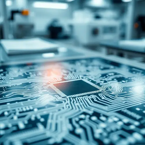 A high-magnification photograph of a silicon semiconductor wafer displaying complex integrated circuits.
