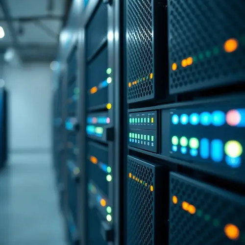 A detailed view of a server rack with illuminated indicators inside a large data center.