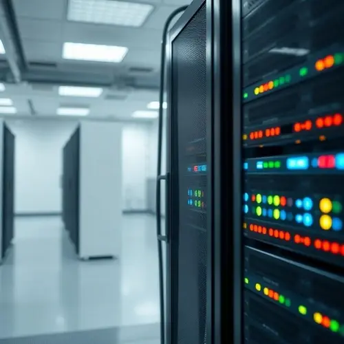 A close-up view of a server rack with illuminated status lights in a modern, clean data center environment.