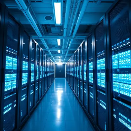 An interior view of a modern data center with numerous server racks illuminated by blue and white lights.