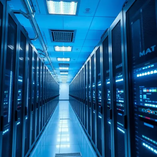 Rows of modern server racks in a clean data center environment, representing digital infrastructure.