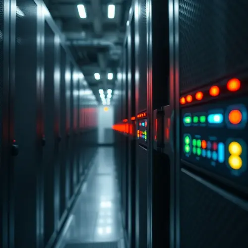 A detailed view of a server rack in a data center, showing equipment and indicator lights.