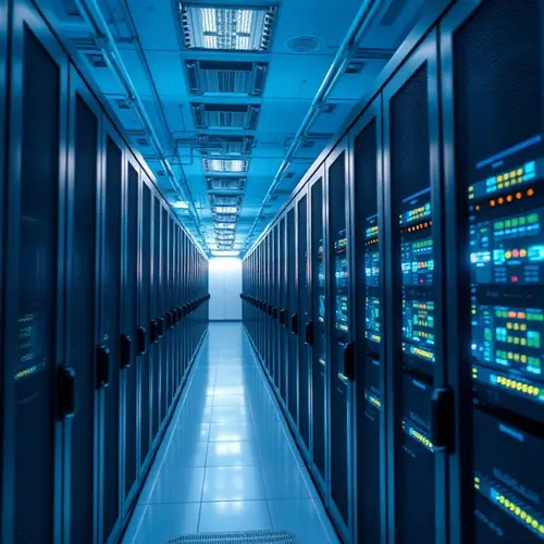 A close-up view of multiple server racks filled with active hardware in a state-of-the-art data center.