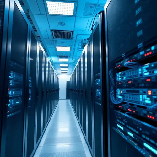 Server racks in a modern data center with blue and white lighting.
