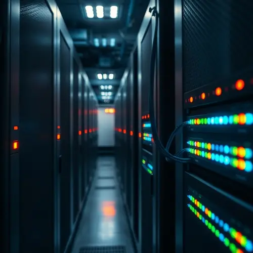 Modern server racks with blinking lights and network cables in a professional data center environment.