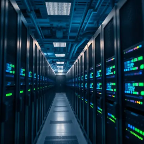 Rows of active server racks in a professional data center environment with indicator lights.