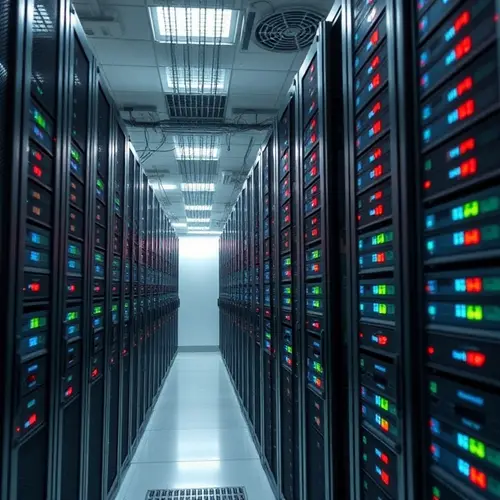 Image shows multiple rows of server racks with blinking lights in a large, clean data center environment.