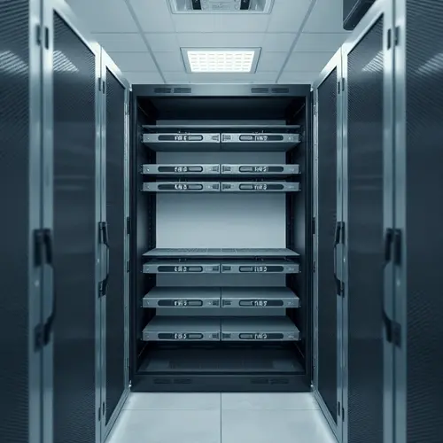 A minimalist image of an empty server rack within a data center, symbolizing missing or pending data.
