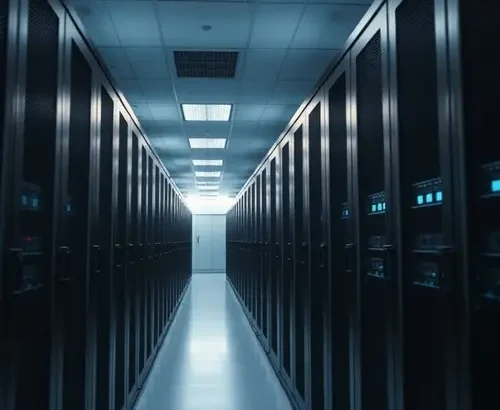 Rows of server racks in a modern, clean data center environment.