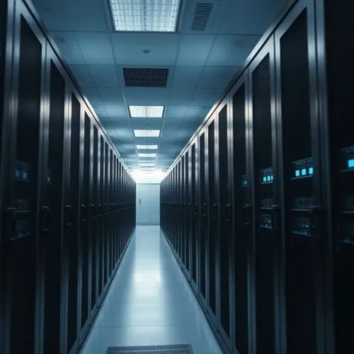 Rows of server racks in a modern, clean data center environment.