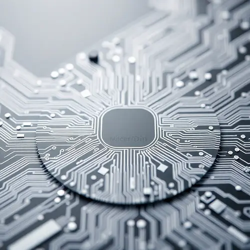 A detailed view of a silicon semiconductor wafer with microscopic circuitry.