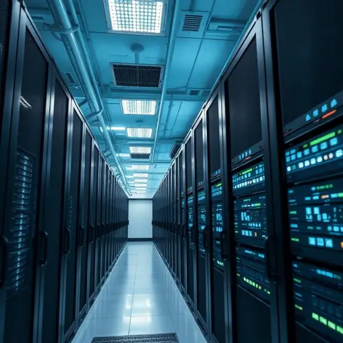 Rows of server racks inside a modern data center, representing advanced AI infrastructure.