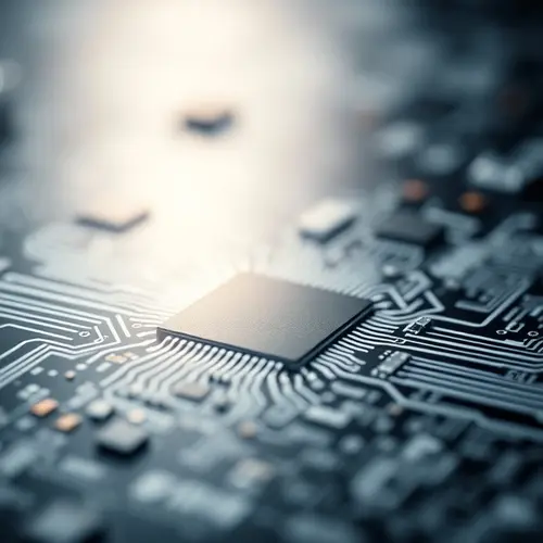 A detailed close-up of a silicon semiconductor wafer with intricate microchip patterns.