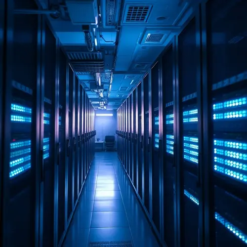 Rows of server racks in a modern data center with blue lighting.