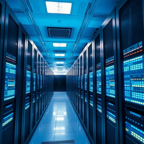 Rows of servers in a modern data center with blue and white lights