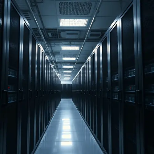 An editorial photograph showing a clean, modern data center aisle with rows of server racks.