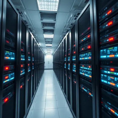 Rows of illuminated server racks in a large, modern data center, depicting advanced computing infrastructure.