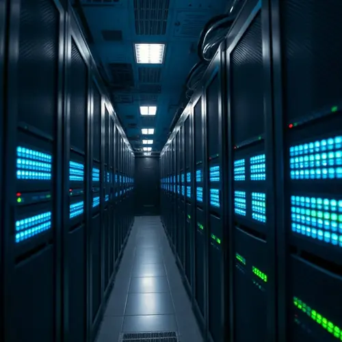 A rack of servers with illuminated indicator lights inside a modern data center, representing technology infrastructure.