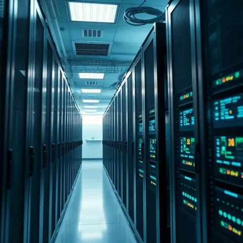 Rows of modern servers housed in sleek racks within a data center, illustrating robust digital infrastructure.