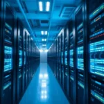 Rows of servers in a modern data center with blue lighting, depicting technology infrastructure.
