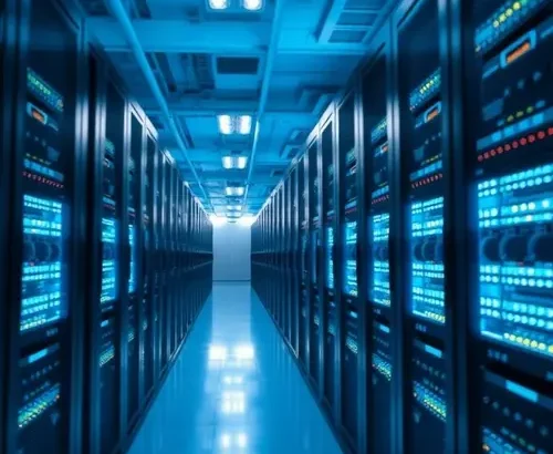 Rows of servers in a modern data center with blue lighting, depicting technology infrastructure.