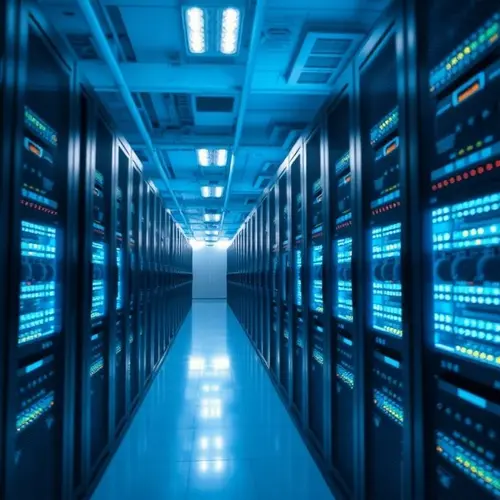 Rows of servers in a modern data center with blue lighting, depicting technology infrastructure.